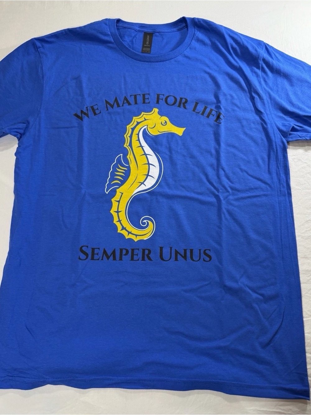 Gildan Royal Blue Tee with Yellow Seahorse Graphic